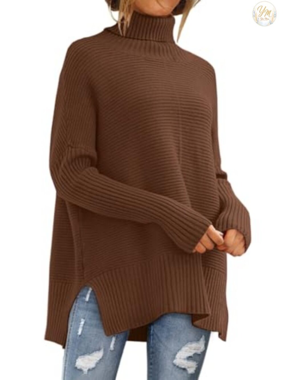 Oversized Turtleneck Batwing Pullover Sweater Chunky Knit High Low Hem
